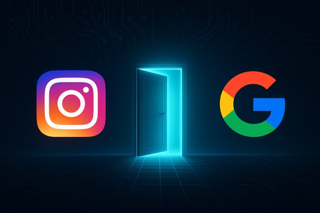 Instagram indexando contenido en Google, con íconos de búsqueda, publicaciones y perfiles conectados visualmente