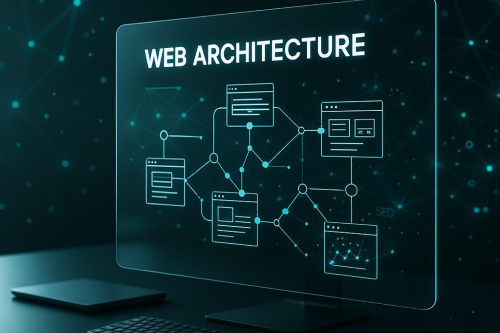 Ilustración conceptual de los tres pilares de la arquitectura web: contenido, usuarios y contexto, integrados para mejorar el SEO y la experiencia del usuario.