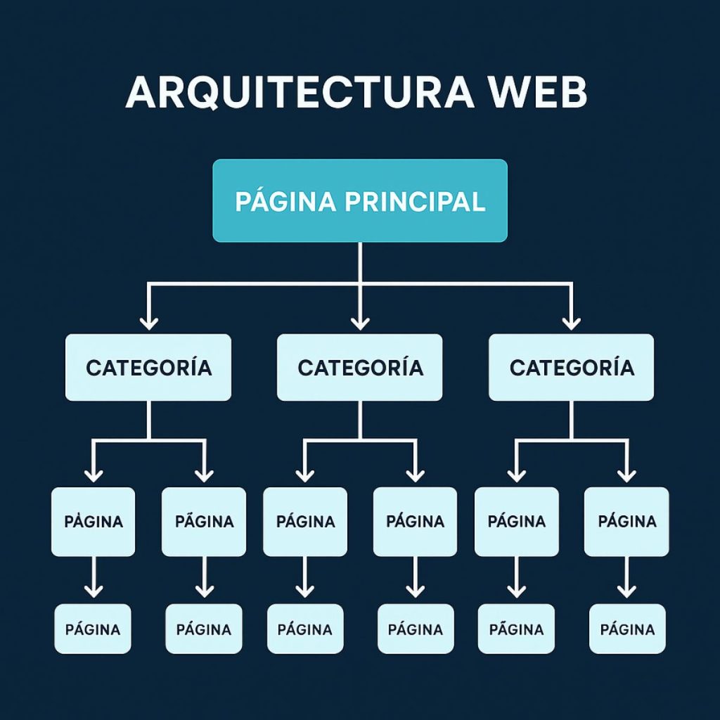 Diagrama visual de una arquitectura web SILO mostrando una estructura jerárquica de páginas conectadas para mejorar el SEO y la autoridad temática.
