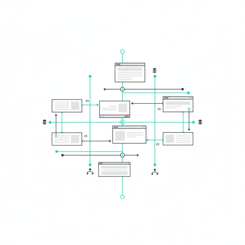 Ilustración vectorial que muestra el interlinking vertizontal en una arquitectura web, con páginas conectadas mediante líneas horizontales y verticales para optimizar enlaces internos y autoridad SEO.