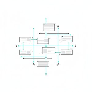 Ilustración vectorial que muestra el interlinking vertizontal en una arquitectura web, con páginas conectadas mediante líneas horizontales y verticales para optimizar enlaces internos y autoridad SEO.